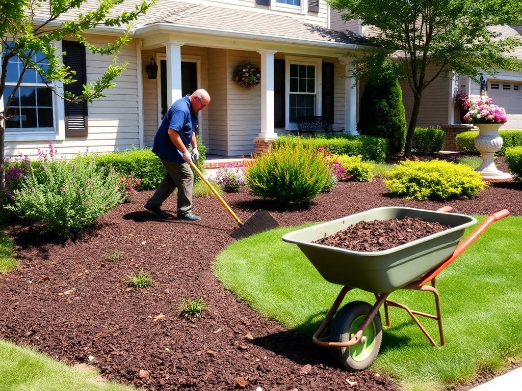 Landscaper spreading fresh mulch around shrubs
