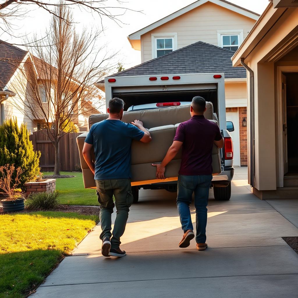 Movers carrying a couch out to a truck