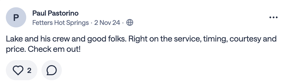 Review from Paul Pastorino in Fetters Hot Springs