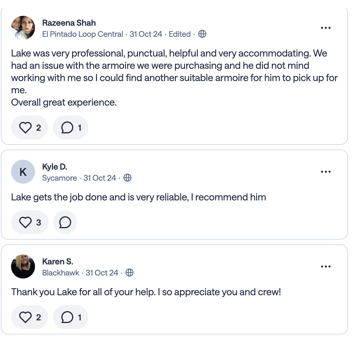 Reviews from Razeena Shah, Kyle D., and Karen S.