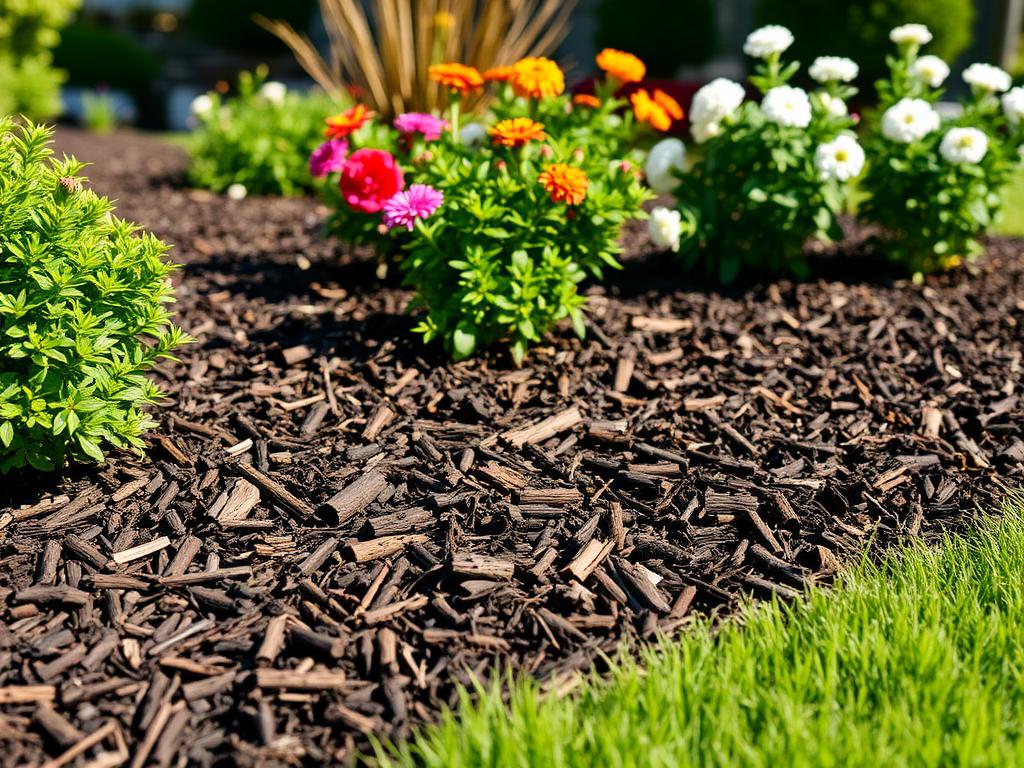 Close-up of fresh dark mulch in a garden bed